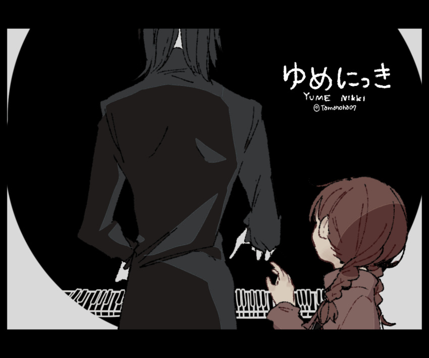 1boy, 1girl, arm_up, black_background, black_coat, black_hair, braid, brown_hair