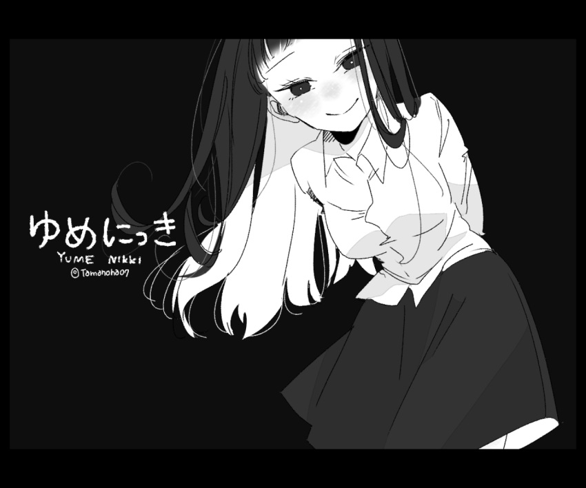 1girl, :>, arms_behind_back, black_background, black_eyes, black_hair, black_skirt, breasts, collared_shirt, colored_inner_hair, commentary_request, copyright_name, empty_eyes, english_text, large_breasts, letterboxed, long_hair, looking_at_viewer, looking_down, monochrome, monoe, multicolored_hair, shirt, simple_background, skirt, smile, solo, tamanoha_(cookware), twitter_username, white_hair, white_shirt, yume_nikki