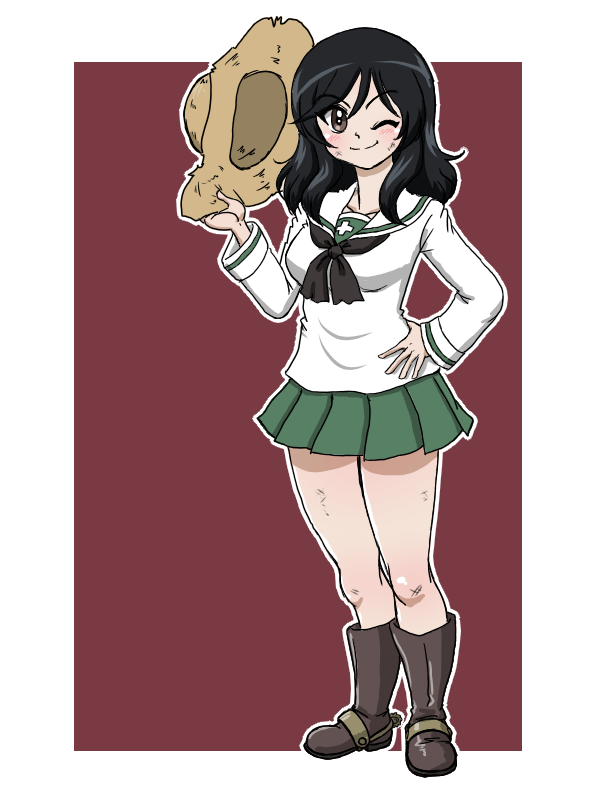 1girl, ;), belle_(girls_und_panzer), black_eyes, black_footwear, black_hair, black_neckerchief, blouse