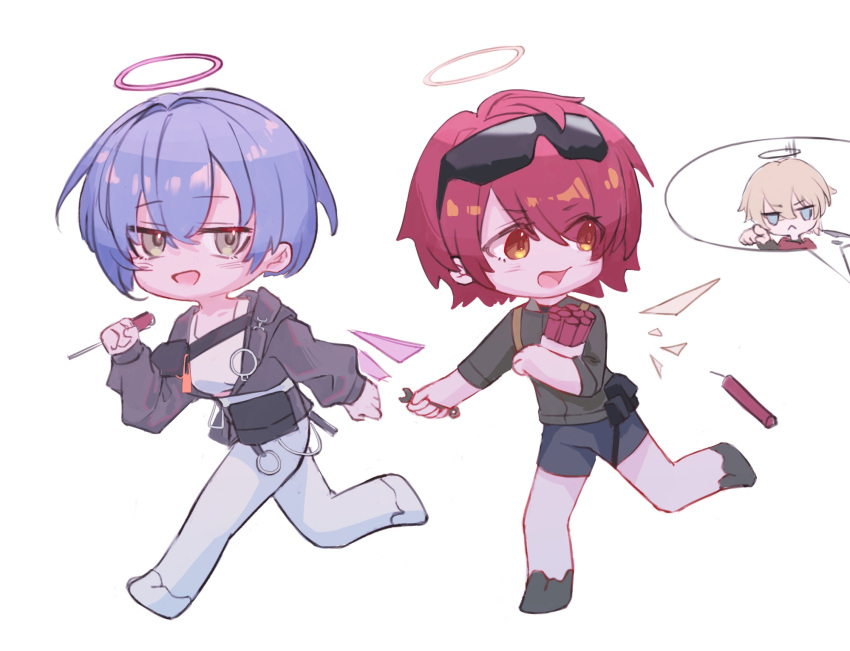1boy, 2girls, arknights, black_footwear, black_jacket, black_shirt, black_shorts, blue_eyes, blue_hair, breasts, brown_eyes, brown_hair, brown_wings, chibi, commentary_request, detached_wings, dynamite, executor_(arknights), explosive, exusiai_(arknights), eyes_visible_through_hair, eyewear_on_head, hair_between_eyes, hair_intakes, hair_over_one_eye, halo, highres, holding, jacket, long_sleeves, medium_breasts, multiple_girls, pants, pink_wings, pointing, puffy_long_sleeves, puffy_sleeves, redhead, shirt, shoes, short_hair, short_shorts, shorts, simple_background, spuria_(arknights), sunglasses, tank_top, thewintermarket, white_background, white_footwear, white_pants, white_tank_top, wings, wrench