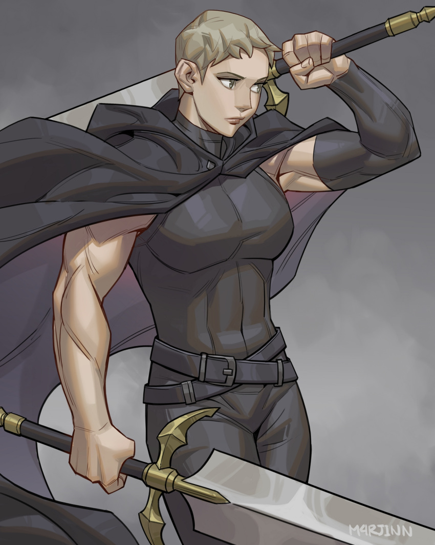 1girl, abs, belt, blonde_hair, cape, claymore_(series), cloak, deneve