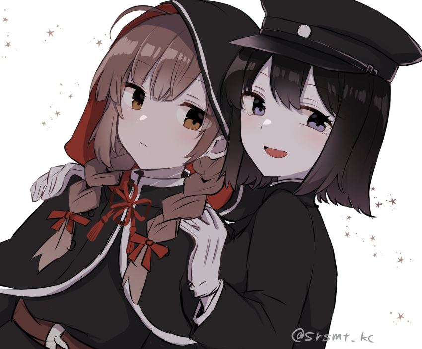 2girls, ahoge, akitsu_maru_(kancolle), black_capelet, black_dress, black_hair, black_headwear, braid