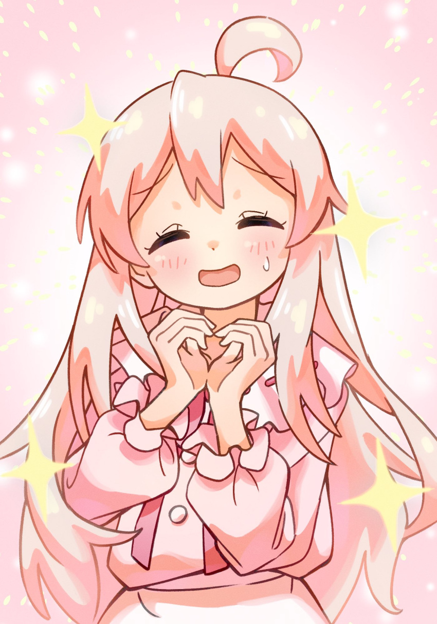 1girl, :d, ^_^, ahoge, closed_eyes, commentary_request, facing_viewer, hair_between_eyes, heart, heart_background, heart_hands, highres, light_blush, long_hair, long_sleeves, nuurise2023, onii-chan_wa_oshimai!, open_mouth, outline, oyama_mahiro, pink_background, pink_hair, puffy_long_sleeves, puffy_sleeves, simple_background, smile, solo, sparkle, sweatdrop, upper_body, very_long_hair, white_outline