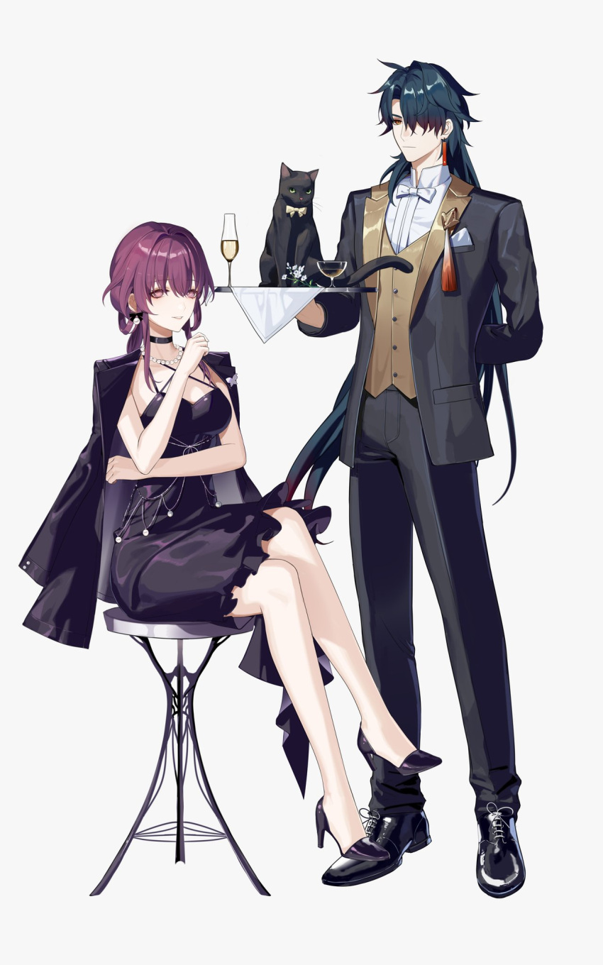 1boy, 1girl, arm_behind_back, black_cat, black_choker, black_dress, black_footwear, black_pants