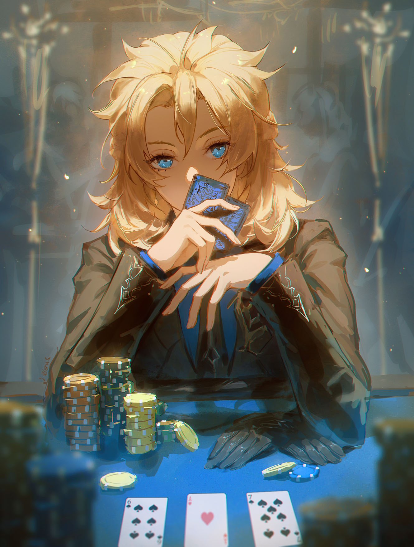 1boy, ace_of_hearts, albedo_(genshin_impact), black_jacket, black_necktie, blonde_hair, blue_eyes, blue_shirt