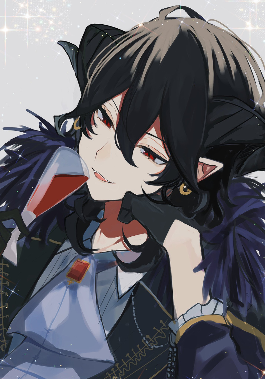 1boy, ascot, black_hair, black_jacket, collared_shirt, cup, demon_boy, demon_horns
