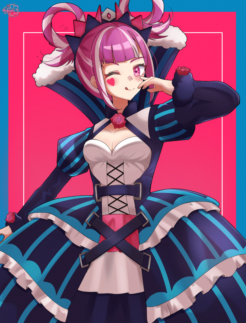1girl, ;p, absurdres, blue_dress, blunt_bangs, corset, cowboy_shot, dress