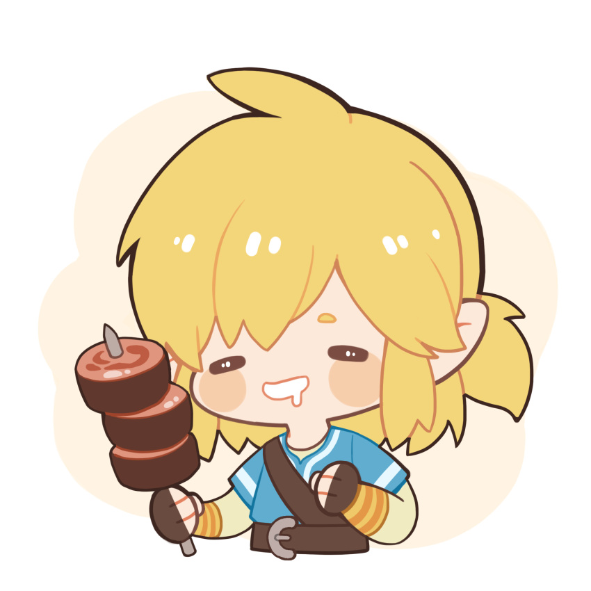 1boy, belt, blonde_hair, blue_shirt, brown_belt, brown_gloves, chibi, closed_eyes
