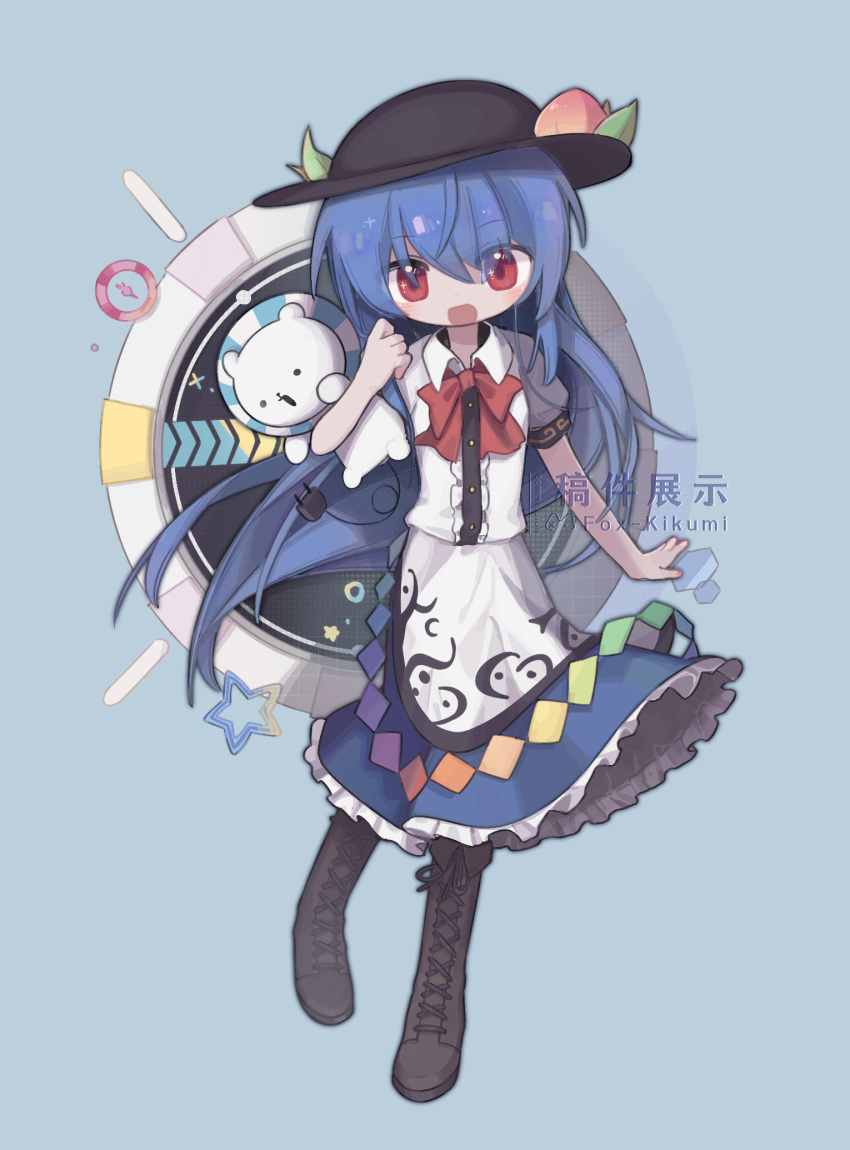 1girl, black_footwear, black_headwear, blue_hair, blue_skirt, blush, boots, buttons