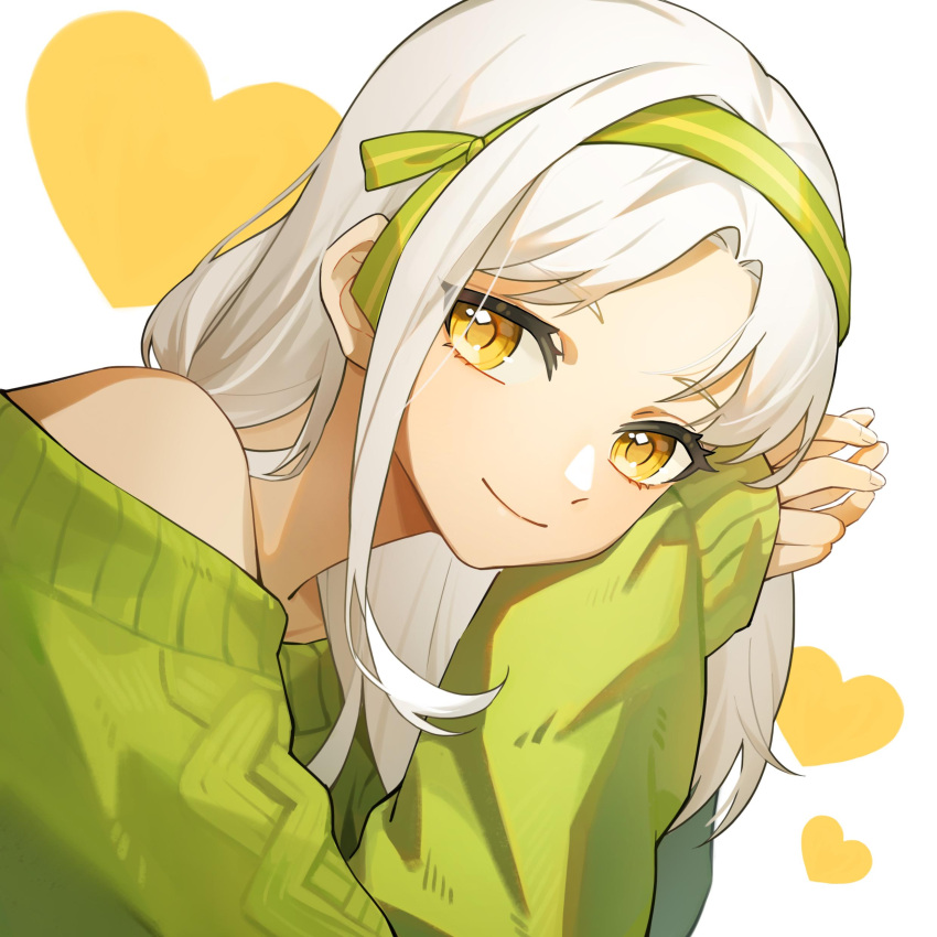 1girl, absurdres, aran_sweater, bare_shoulders, cable_knit, from_side, green_hairband, green_sweater