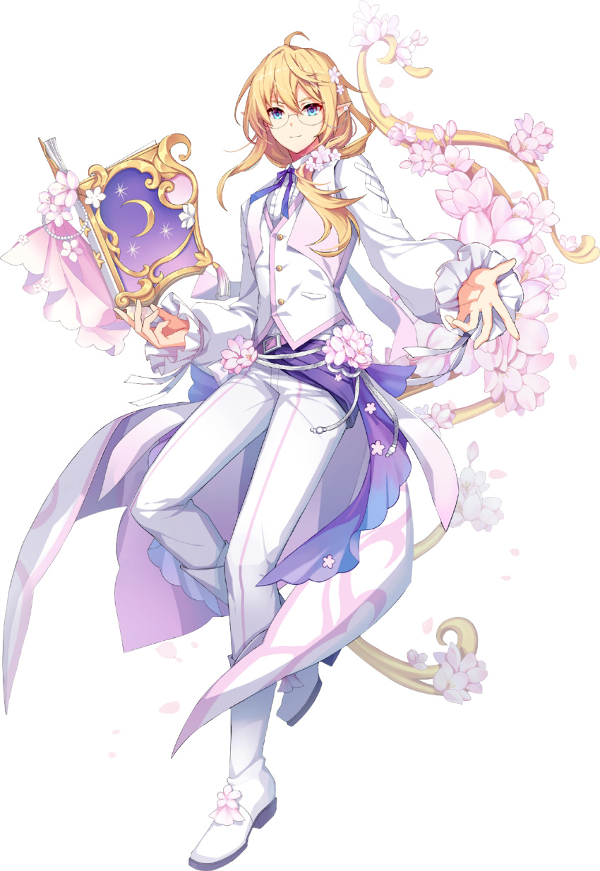 1boy, absurdres, belt, belt_buckle, blonde_hair, blue_eyes, book, boots