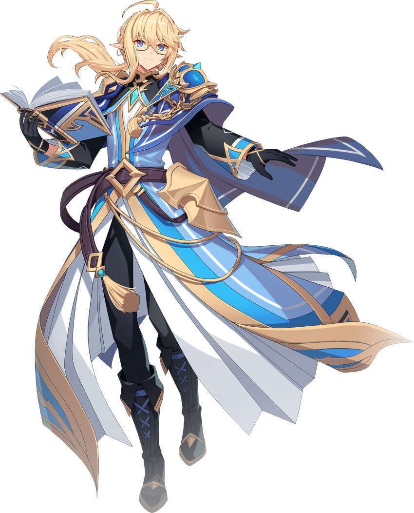 1boy, absurdres, ahoge, armor, belt, belt_buckle, black_footwear, black_gloves, black_pants, black_sleeves, blonde_hair, blue_cape, blue_coat, blue_eyes, blue_gemstone, book, boots, brown_belt, buckle, cape, chain, coat, cross-laced_footwear, elf, eyewear_strap, faulds, front_slit, full_body, gem, glasses, gloves, gold_trim, grand_chase, hair_between_eyes, highres, holding, holding_book, kassias_grandiel, lace-up_boots, light_smile, long_hair, long_sleeves, looking_at_viewer, low_ponytail, male_focus, official_art, open_book, pants, pointy_ears, robe, shoulder_armor, shrug_(clothing), solo, standing, standing_on_one_leg, tassel, third-party_source, transparent_background, white_robe