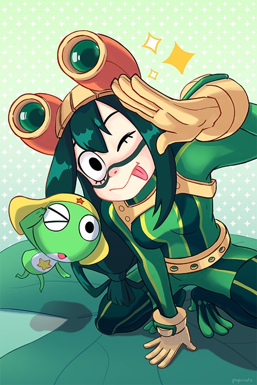 1girl, animal_connection, asui_tsuyu, blush, bodysuit, boku_no_hero_academia, breasts, brown_gloves, commentary, crossover, english_commentary, eyelashes, frog_girl, gloves, green_bodysuit, green_hair, hair_between_eyes, hair_rings, keroro, keroro_gunsou, lily_pad, long_hair, low-tied_long_hair, medium_breasts, one_eye_closed, papricots, sidelocks, signature, smile, sparkle, squatting, tongue, tongue_out