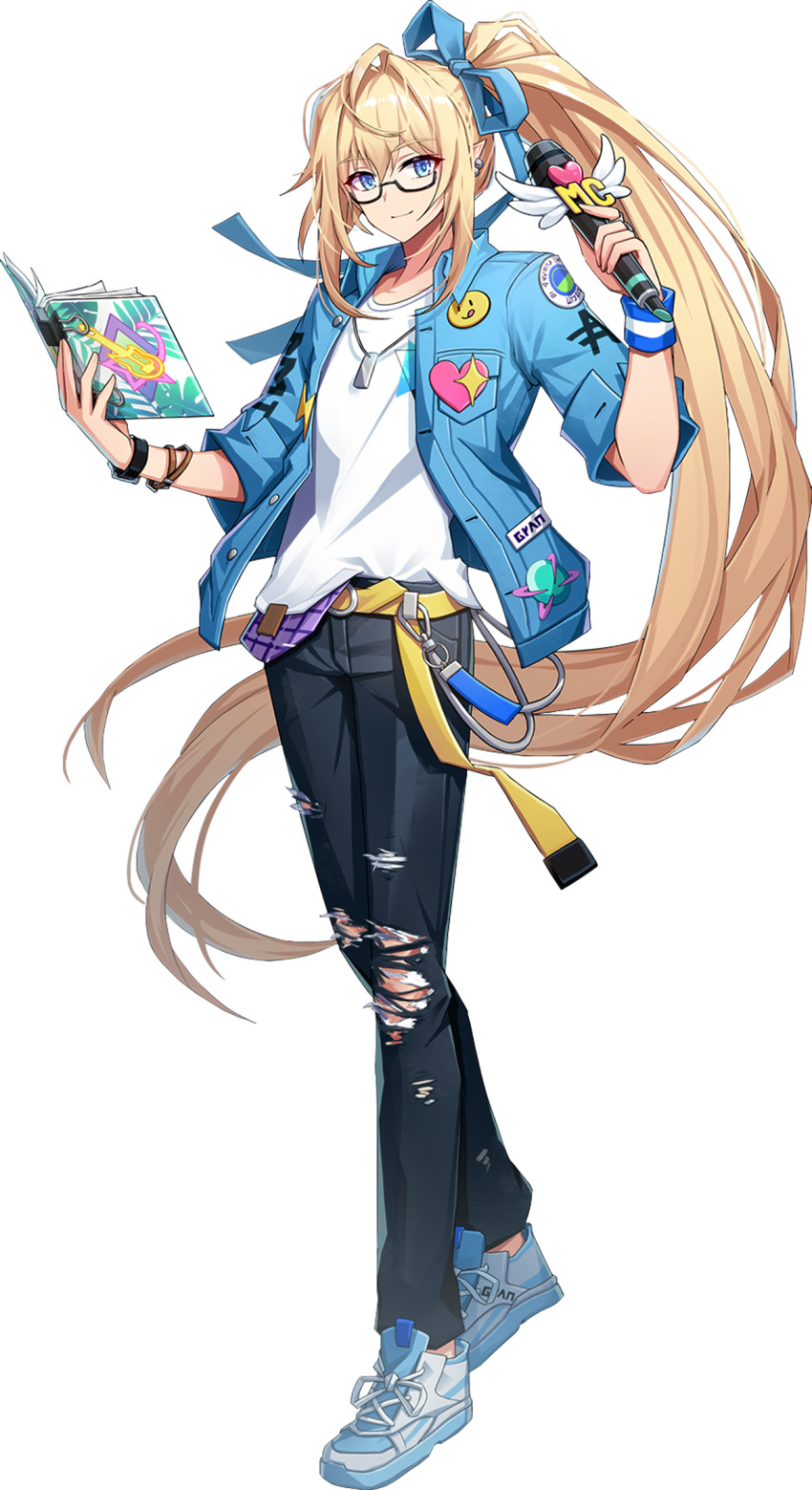 1boy, badge, belt, black_pants, blonde_hair, blue_eyes, blue_footwear, blue_jacket