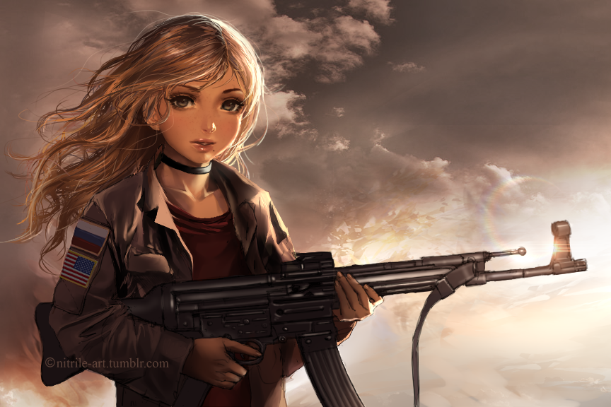 1boy, american_flag, assault_rifle, black_choker, black_eyeshadow, brown_jacket, brown_shirt, choker