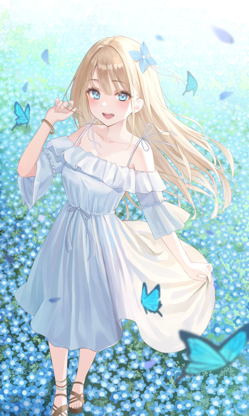 1girl, :d, absurdres, blonde_hair, blue_butterfly, blue_eyes, blue_flower, bracelet
