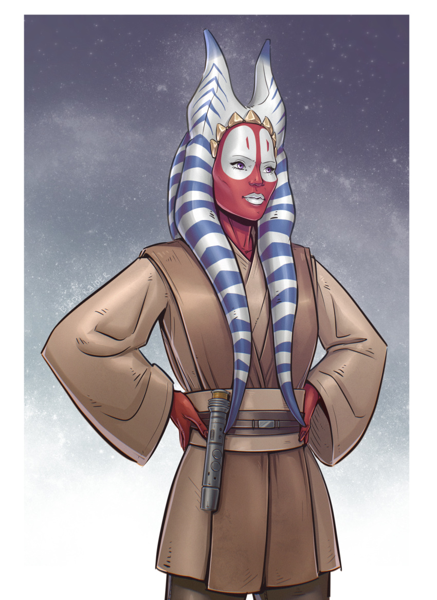 1girl, absurdres, alien, belt, birdyraider, border, brown_pants, brown_tunic