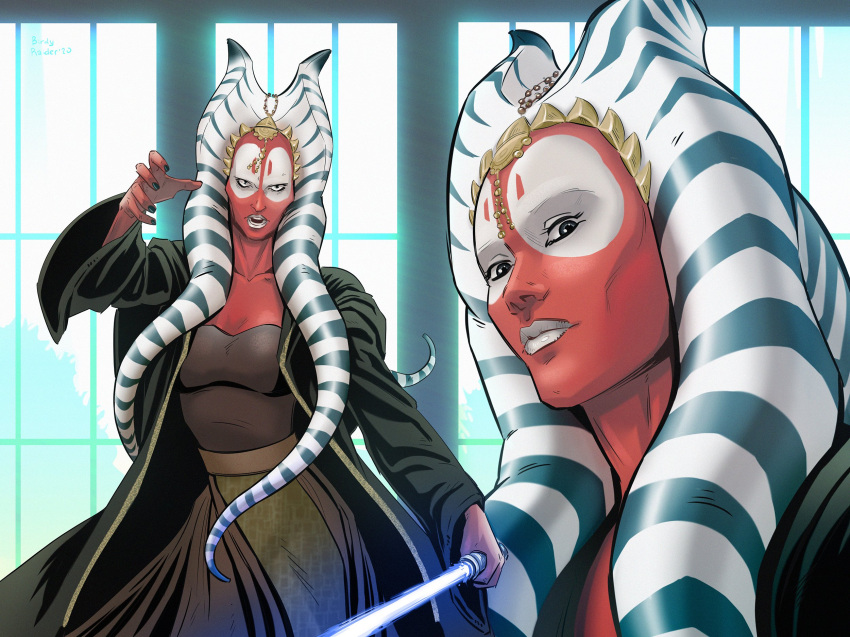 1girl, alien, birdyraider, blue_lightsaber, brown_robe, colored_skin, energy_sword, facepaint