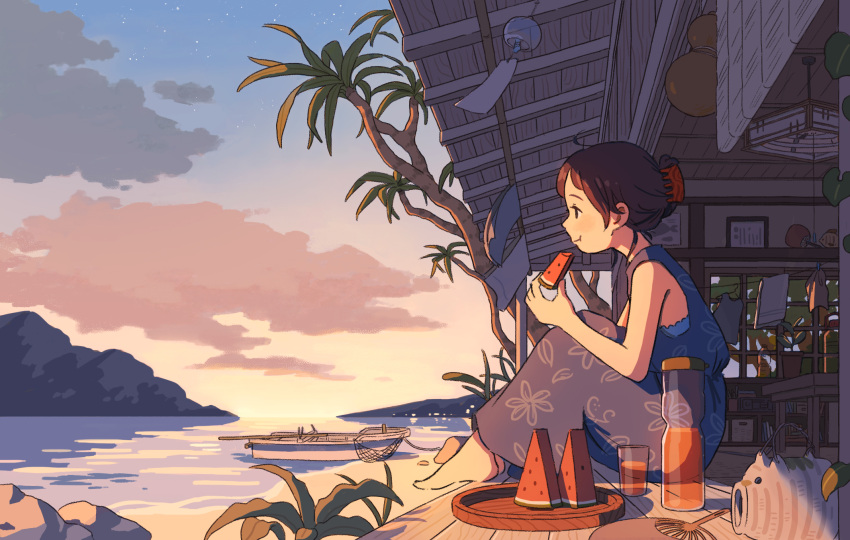 1girl, bare_arms, barefoot, beach, blue_dress, blue_sky, boat, brown_hair