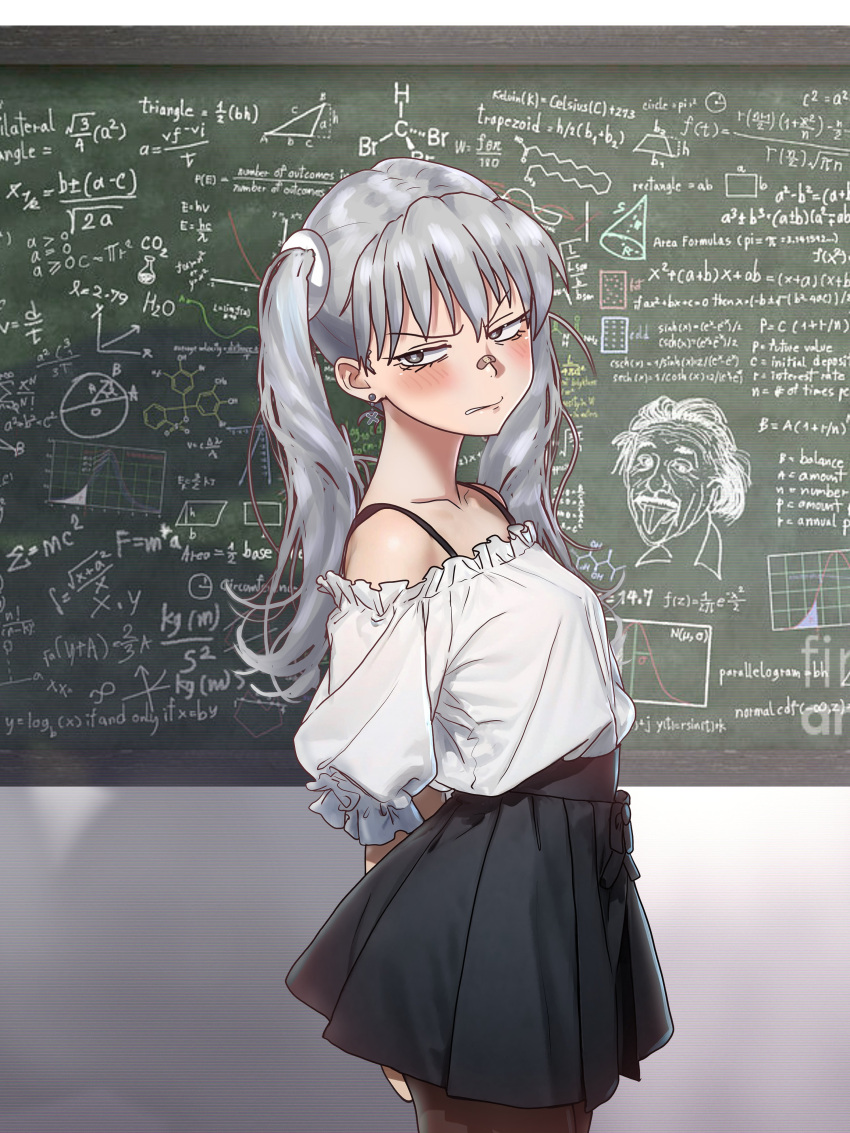 1girl, absurdres, albert_einstein, bandaid, bandaid_on_face, bandaid_on_nose, black_skirt, blouse