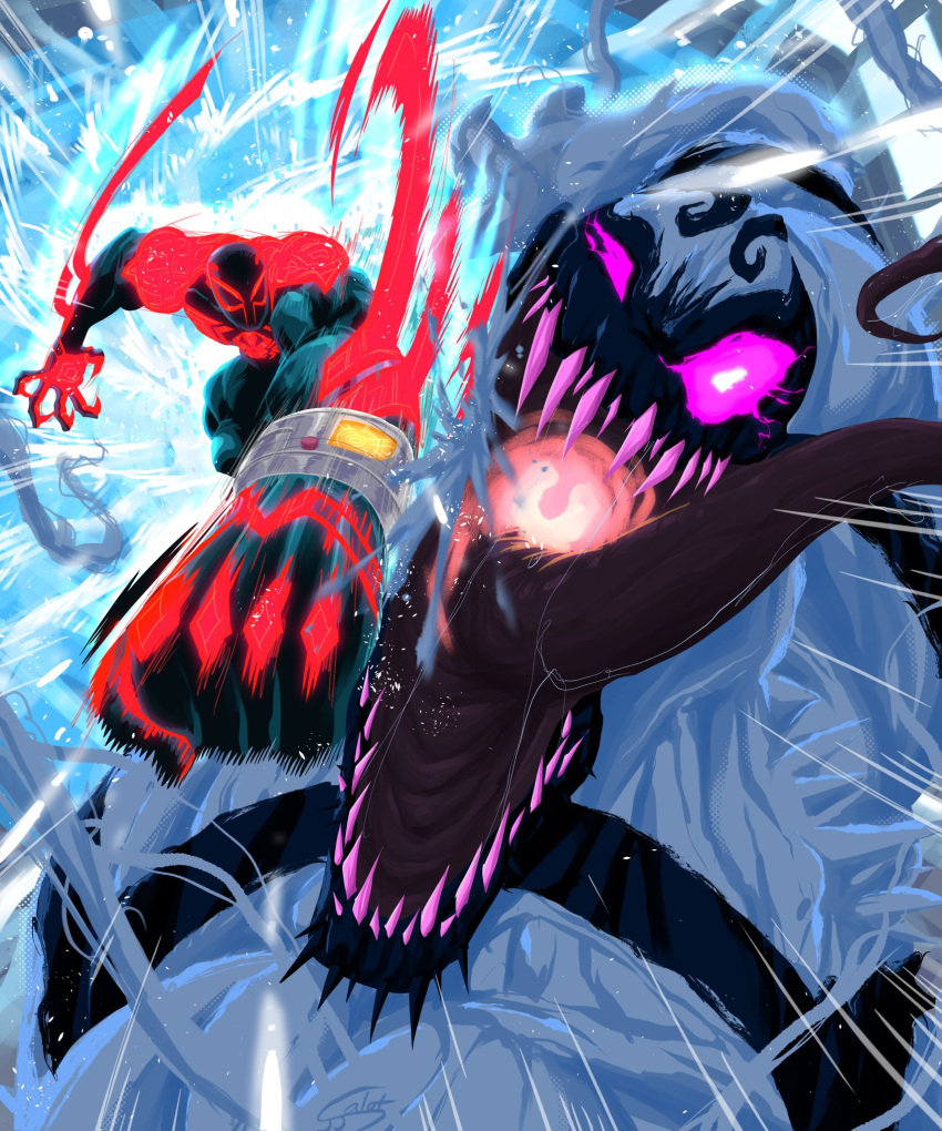 1boy, animal_print, anti-venom, blue_bodysuit, bodysuit, broad_shoulders, bug, glowing_bodysuit
