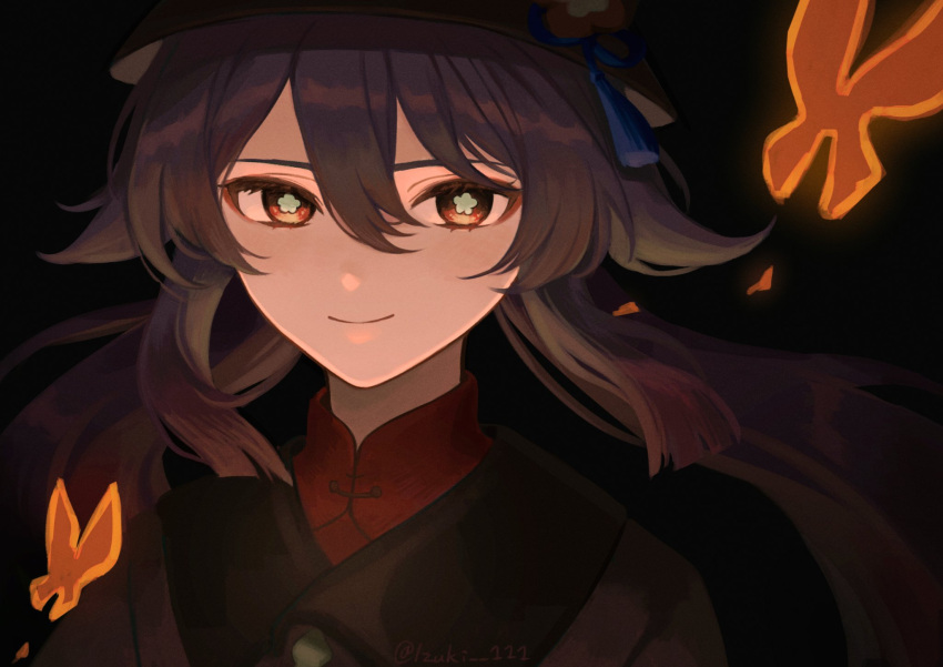 1girl, 39_iduki, black_background, black_headwear, brown_hair, bug, butterfly, closed_mouth, flower-shaped_pupils, genshin_impact, gradient_hair, hair_between_eyes, hat, highres, hu_tao_(genshin_impact), long_hair, looking_at_viewer, low_twintails, multicolored_hair, red_eyes, redhead, sidelocks, simple_background, solo, symbol-shaped_pupils, tassel, twintails, twitter_username