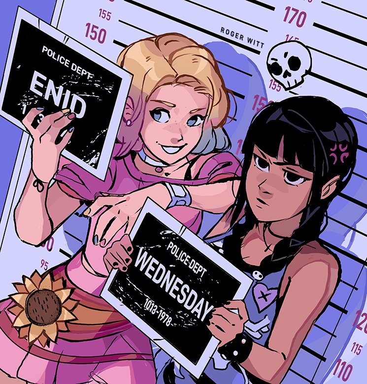 2girls, addams_family, anger_vein, animification, annoyed, barbie_mugshot_(meme), bare_shoulders, black_eyes
