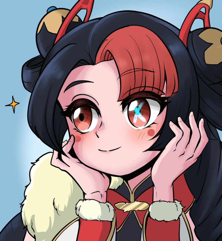 1girl, black_hair, blush, closed_mouth, double_bun, fur_bracelet, gradient_background, gwen_(league_of_legends)