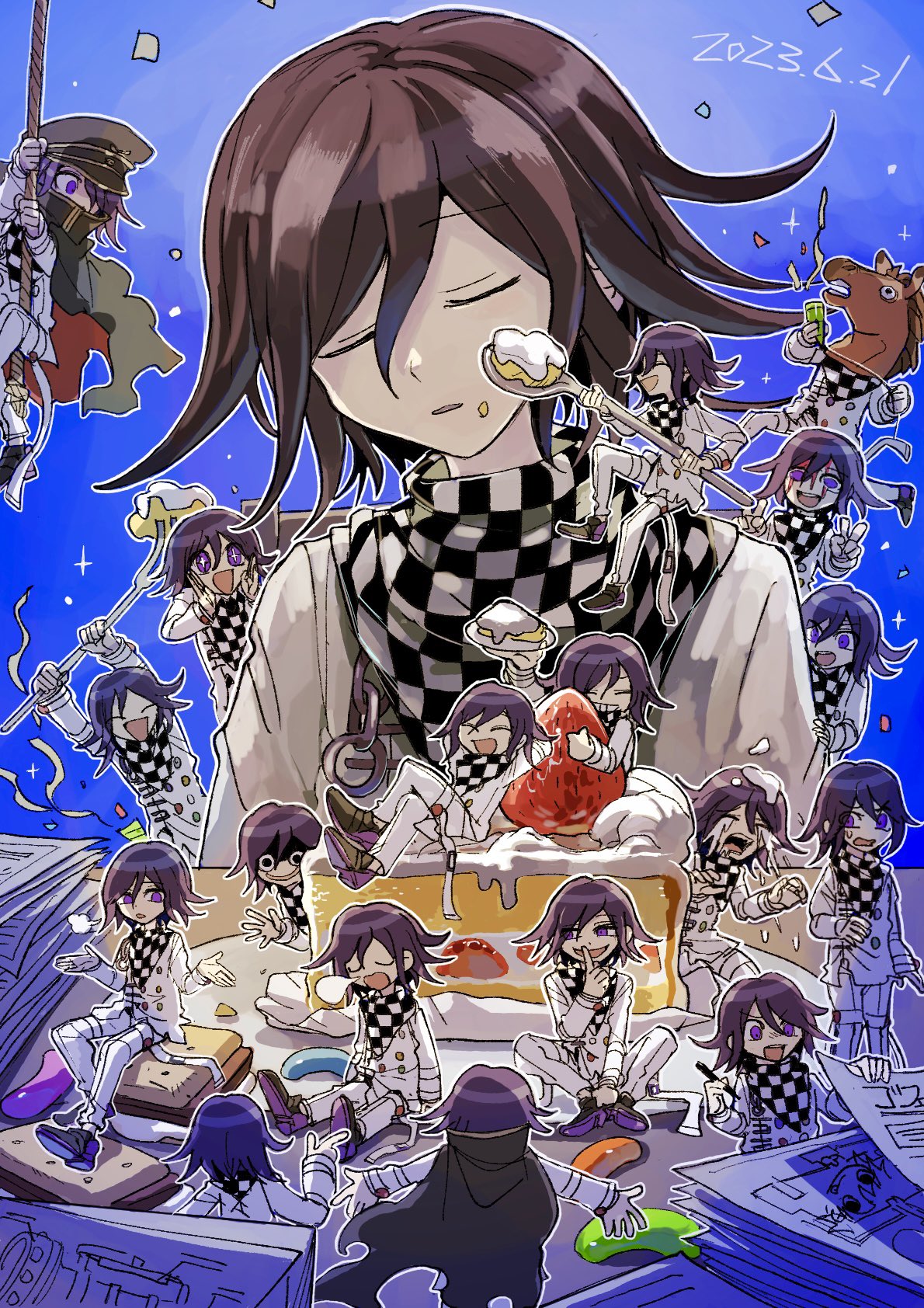 6+boys, :d, black_cape, blue_background, brown_hair, cake, cape, checkered_clothes
