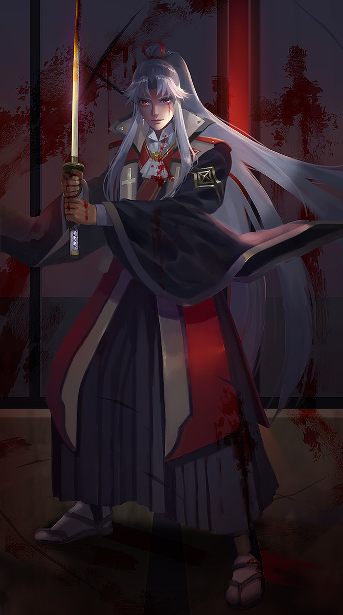 1boy, amakusa_shirou_(fate), blood, blood_on_clothes, blood_on_face, blood_on_hands, blood_on_weapon, cross