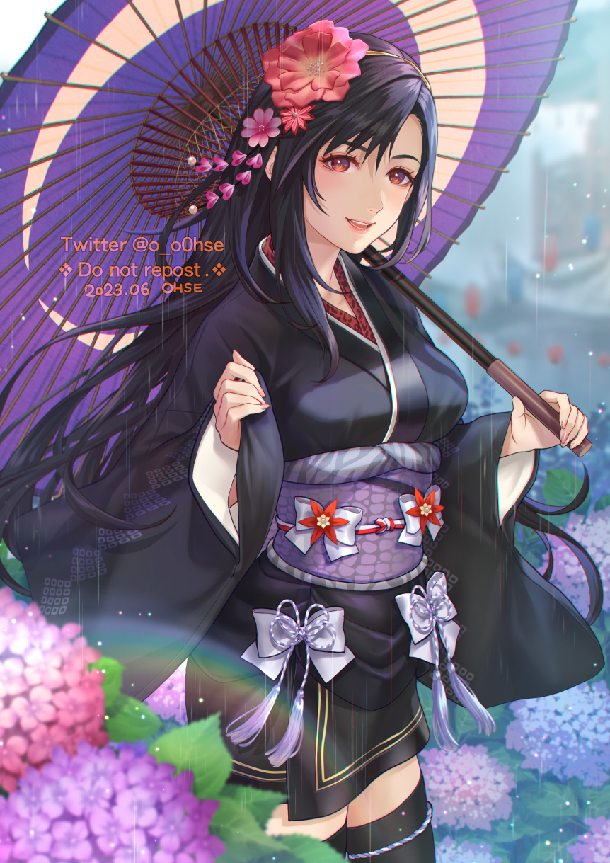 1girl, black_hair, black_kimono, black_thighhighs, blurry, blurry_background, bow, breasts, commentary, cowboy_shot, dated, final_fantasy, final_fantasy_vii, final_fantasy_vii_remake, flower, hair_flower, hair_ornament, highres, holding, holding_umbrella, japanese_clothes, kimono, large_breasts, light_blush, long_hair, long_sleeves, looking_at_viewer, obi, official_alternate_costume, ohse, oil-paper_umbrella, outdoors, parted_lips, pink_flower, pink_nails, purple_flower, rain, rainbow, red_eyes, sash, short_kimono, smile, solo, swept_bangs, thigh-highs, tifa_lockhart, tifa_lockhart's_exotic_dress, twitter_username, umbrella, wide_sleeves, zettai_ryouiki