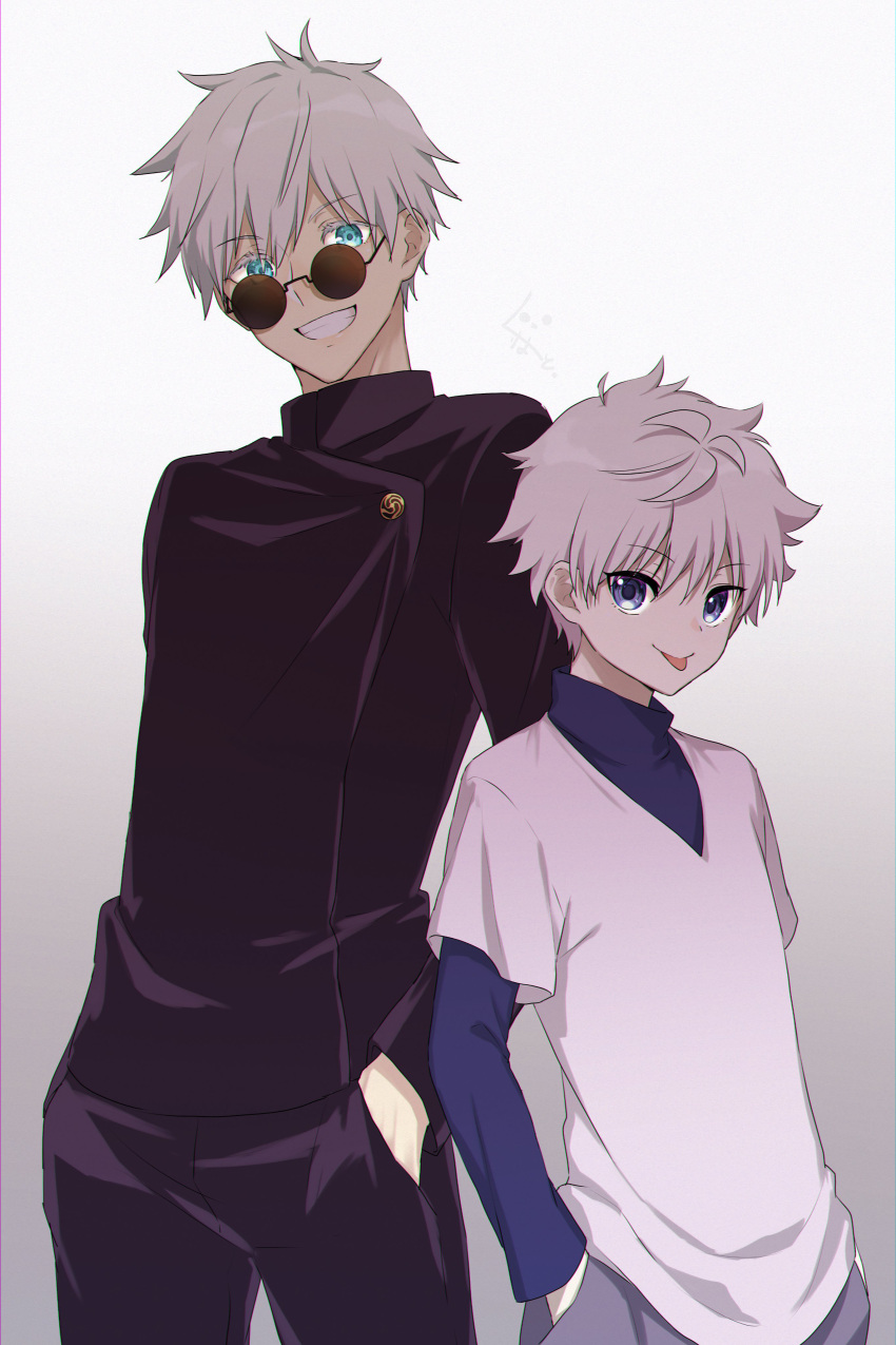 2boys, :p, absurdres, black_jacket, black_pants, blue_eyes, blue_shirt, cowboy_shot