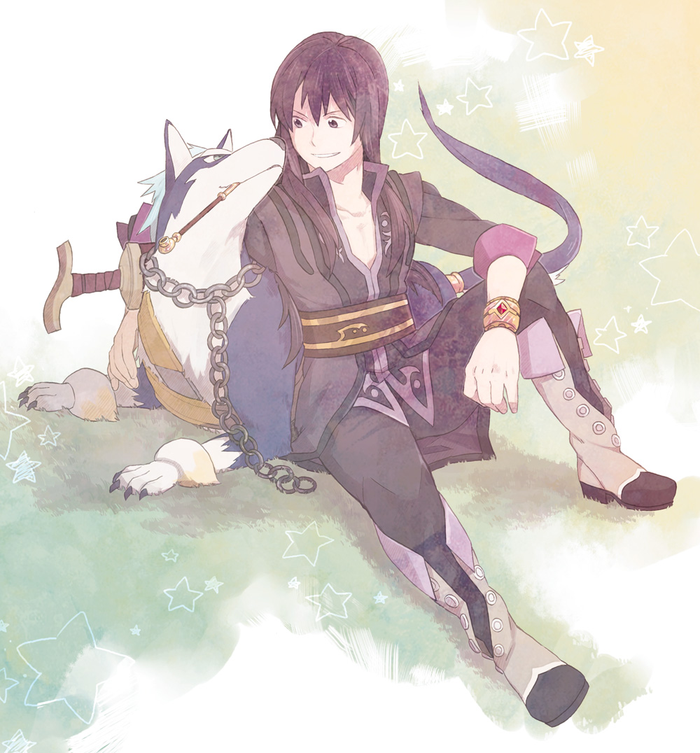 bad_id, black_eyes, black_hair, bracelet, chain, dog, gradient, gradient_background