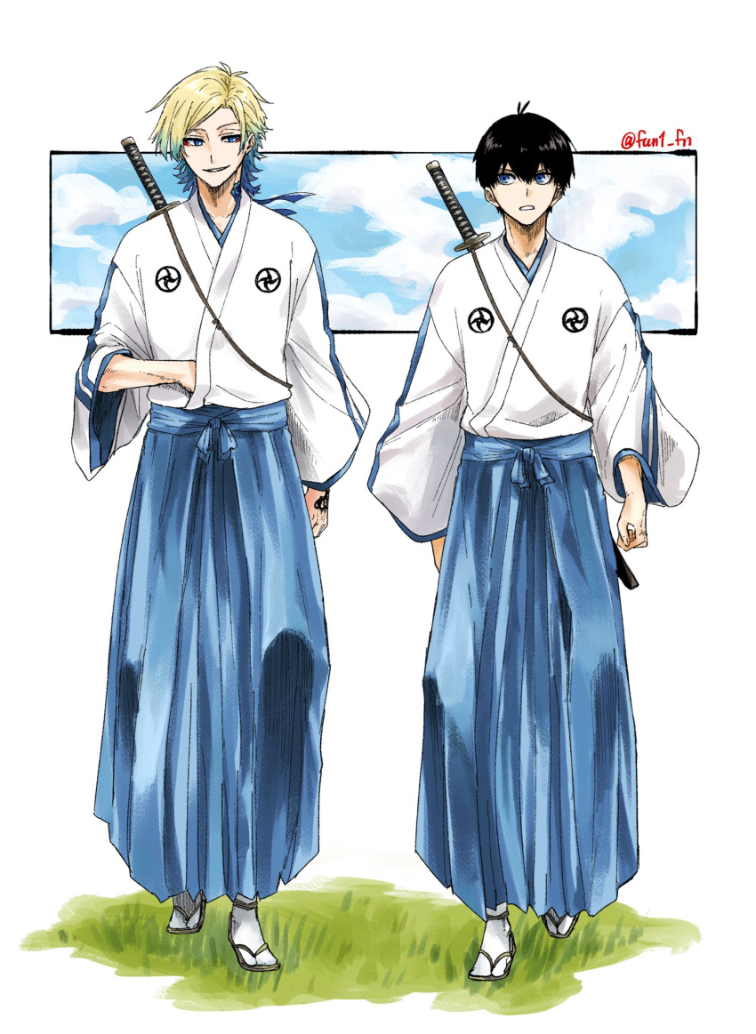 2boys, black_hair, blonde_hair, blue_eyes, blue_hair, blue_lock, full_body, fun1_fn, gradient_hair, hakama, highres, isagi_yoichi, japanese_clothes, katana, kimono, long_hair, long_sleeves, male_focus, michael_kaiser, multicolored_hair, multiple_boys, sandals, sheath, sheathed, short_hair, smile, standing, sword, tabi, twitter_username, two-tone_hair, weapon, white_background, white_kimono, wide_sleeves