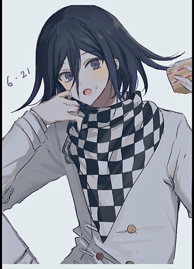1boy, :o, black_hair, buttons, checkered_clothes, checkered_scarf, danganronpa_(series), danganronpa_v3:_killing_harmony