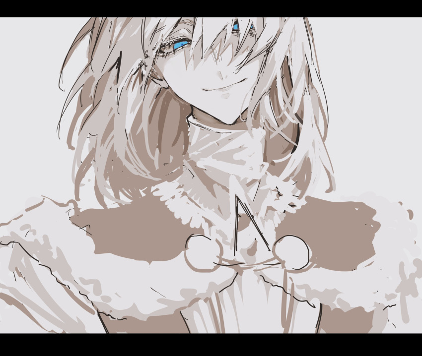 1boy, blue_eyes, cloak, crown, diamond_hairband, fate/grand_order, fate_(series), fur-trimmed_cloak, fur_trim, grey_hair, highres, looking_at_viewer, male_focus, medium_hair, no_wings, norai0813, oberon_(fate), partially_colored, simple_background, smile, solo, upper_body, white_background