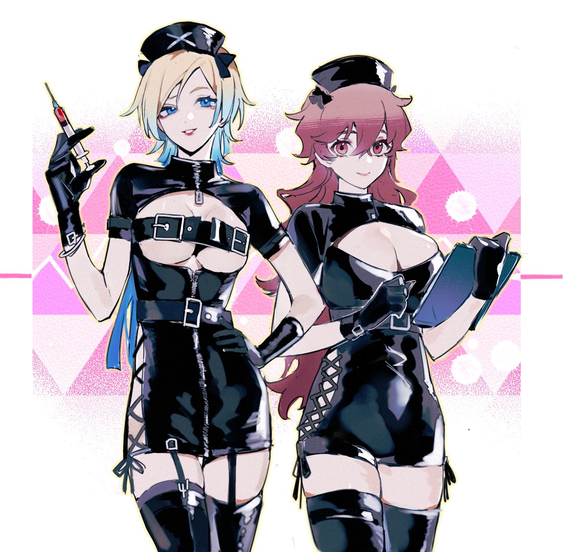 2girls, alexis_ness, belt_bra, black_dress, black_gloves, black_headwear, black_leggings, blonde_hair