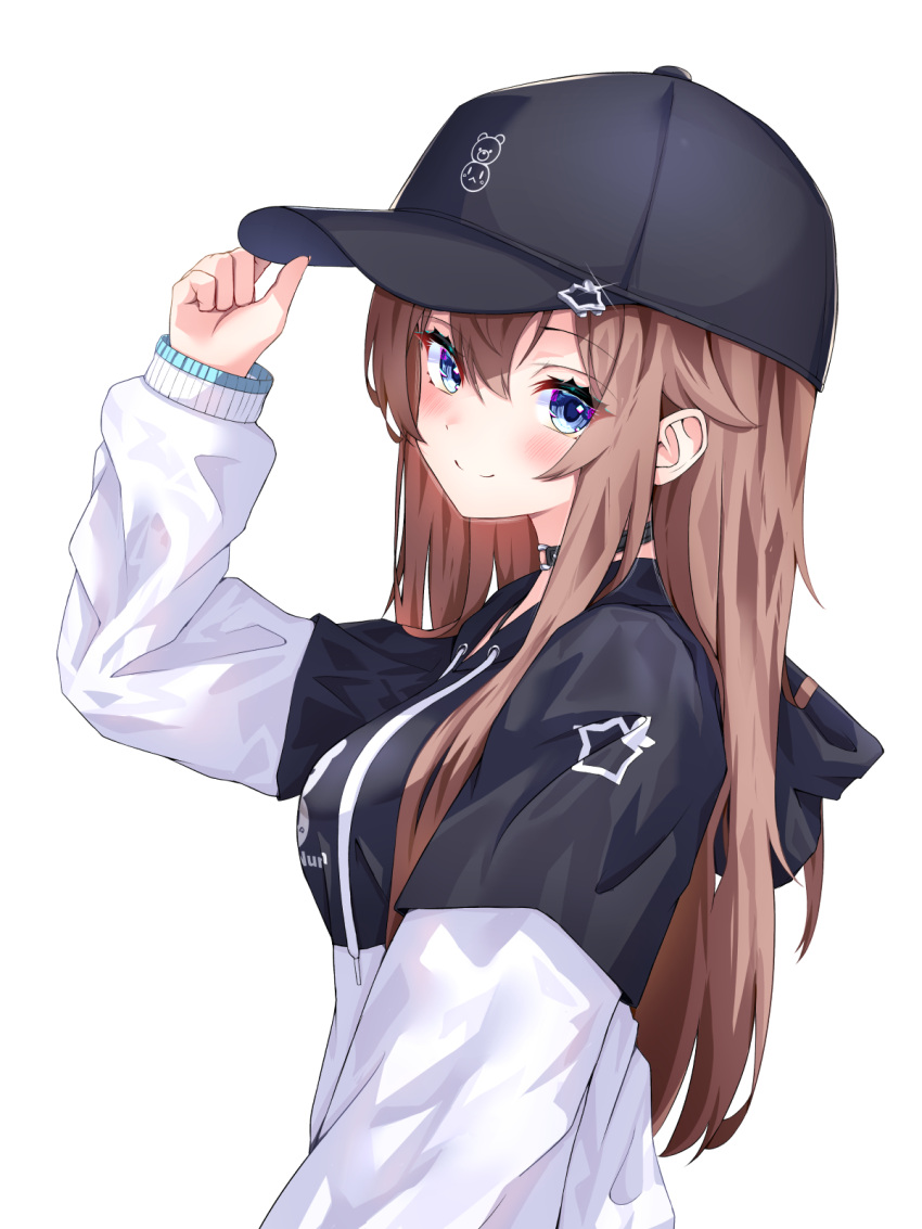 1girl, auroraescientia, baseball_cap, black_choker, black_headwear, black_hoodie, blue_eyes, blush
