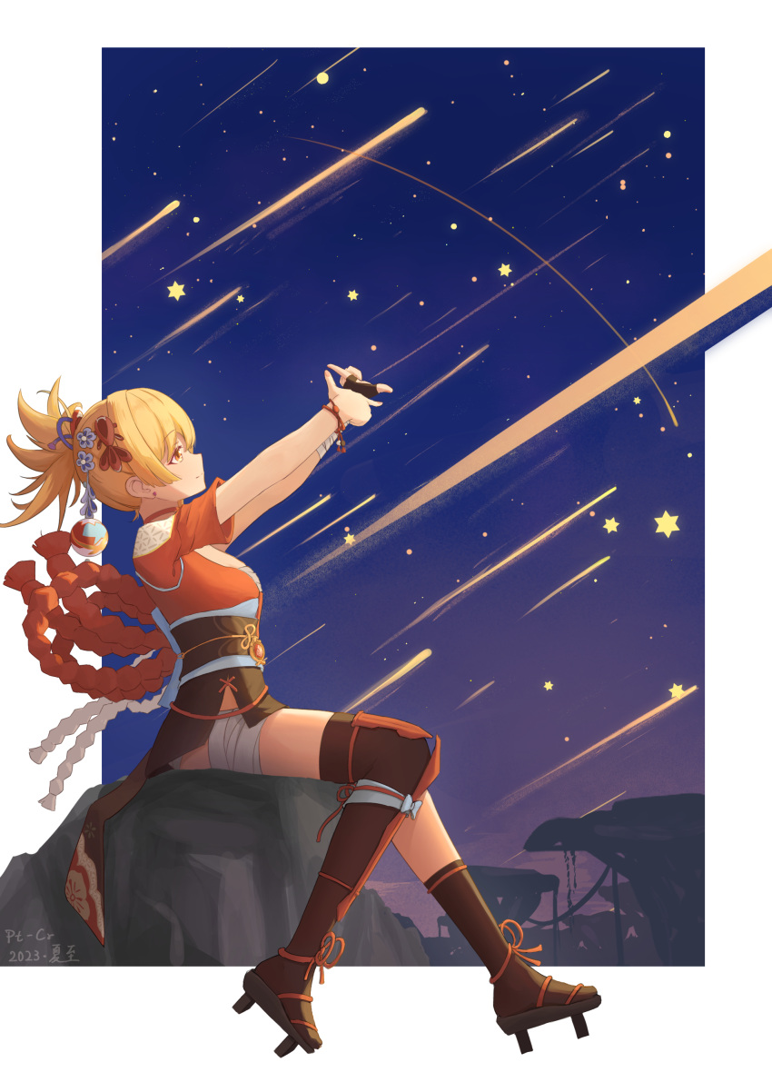 1girl, absurdres, arms_up, artist_name, asymmetrical_legwear, bandaged_arm, bandaged_leg, bandages