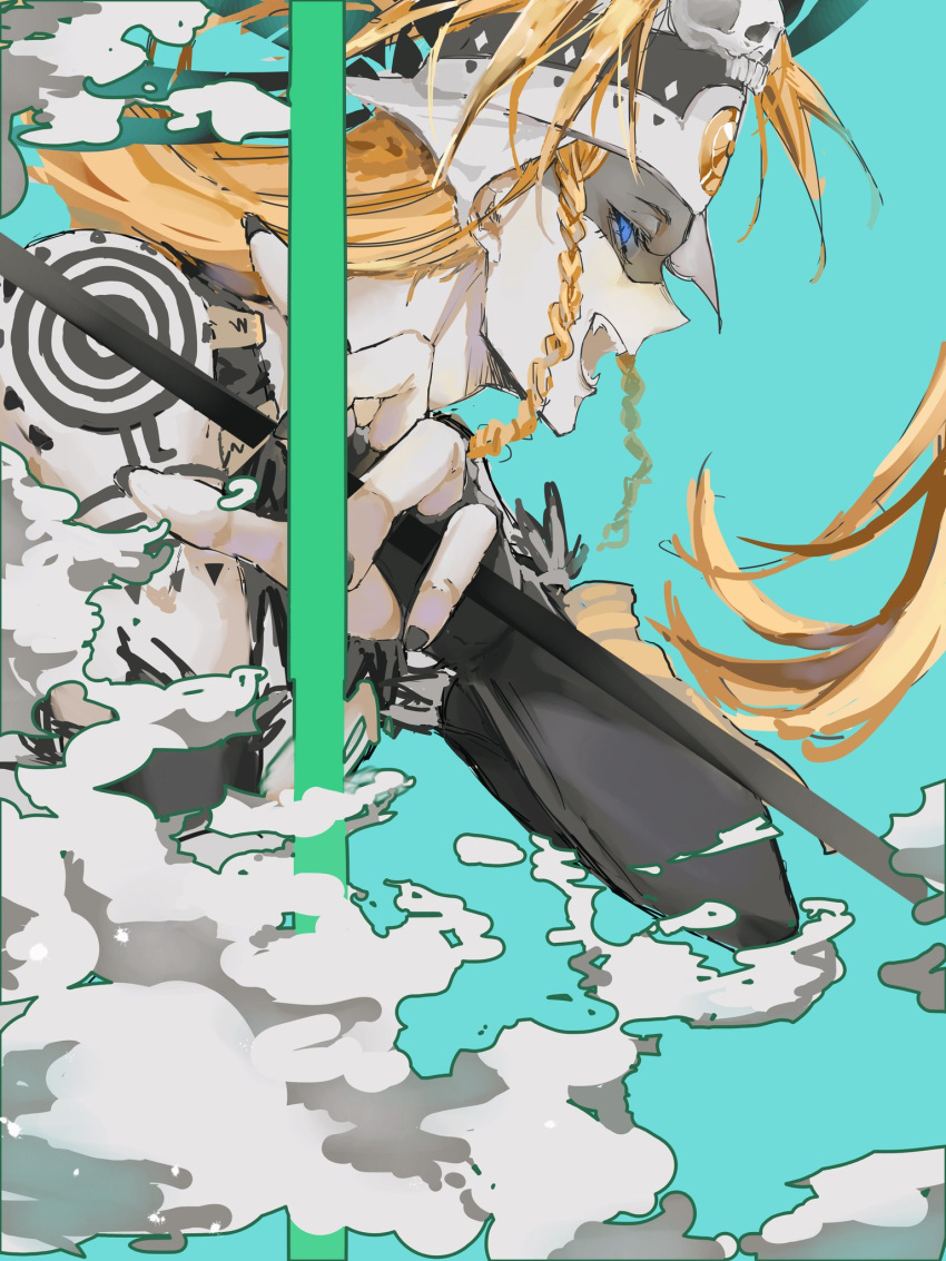 1boy, aqua_background, arm_tattoo, aztec, black_gloves, black_nails, blonde_hair, blue_eyes