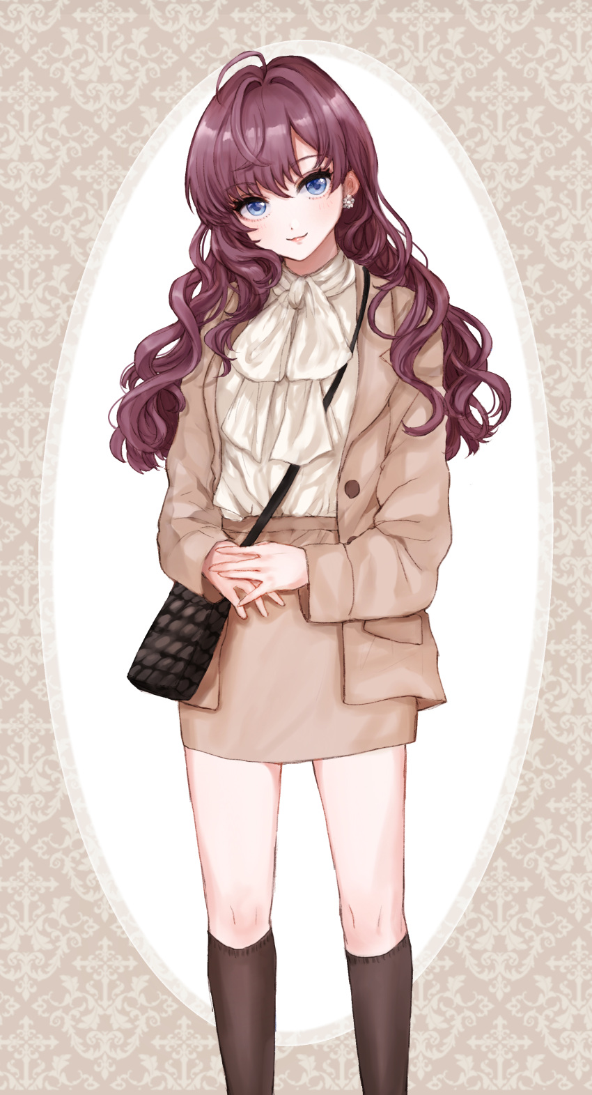 1girl, :3, absurdres, ahoge, ascot, bag, black_socks, blue_eyes