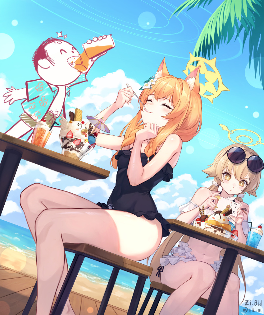 1boy, 2girls, absurdres, alternate_costume, animal_ear_fluff, animal_ears, arona's_sensei_doodle_(blue_archive), artist_name, beach, bikini, black_one-piece_swimsuit, bld_zi, blonde_hair, blue_archive, blush, cellphone, chair, closed_eyes, closed_mouth, clouds, drinking, eating, eyewear_on_head, flower, food, fox_ears, frilled_bikini, frilled_one-piece_swimsuit, frills, hair_flower, hair_ornament, hairpin, halo, hifumi_(blue_archive), hifumi_(swimsuit)_(blue_archive), highres, holding, holding_phone, holding_spoon, ice, ice_cream, juice, light_blush, long_hair, mari_(blue_archive), mari_(swimsuit)_(blue_archive), multiple_girls, ocean, official_alternate_costume, on_table, one-piece_swimsuit, open_mouth, orange_hair, orange_juice, palm_tree, parfait, peroro_(blue_archive), phone, sand, sensei_(blue_archive), sitting, smartphone, smartphone_case, spoon, sunglasses, sunlight, swimsuit, table, taking_picture, tongue, tongue_out, tree, twintails, very_long_hair, white_bikini, white_flower