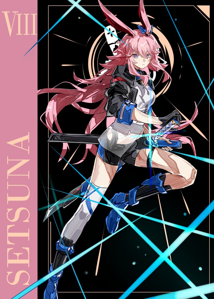 1girl, animal_ears, armored_boots, asymmetrical_legwear, black_background, black_gloves, black_jacket, black_shorts