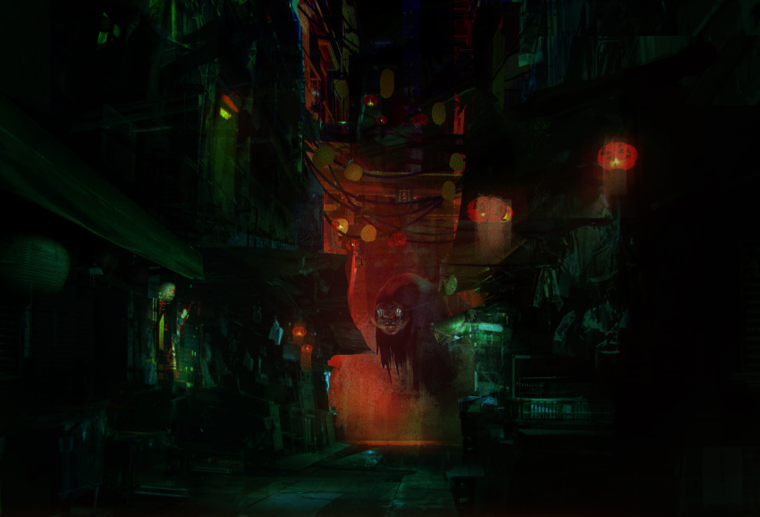 absurdres, alley, canopy_(shelter), city, commentary, dark, film_grain, haru_akira