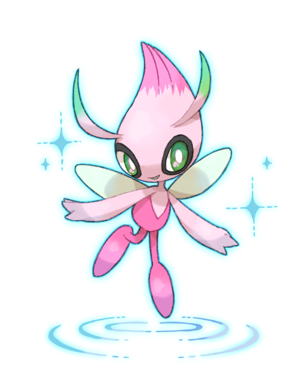 alternate_color, bright_pupils, celebi, commentary_request, full_body, green_eyes, grin, highres
