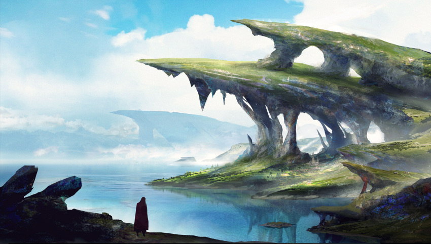 1other, building, cloak, clouds, cloudy_sky, commentary_request, day, fantasy
