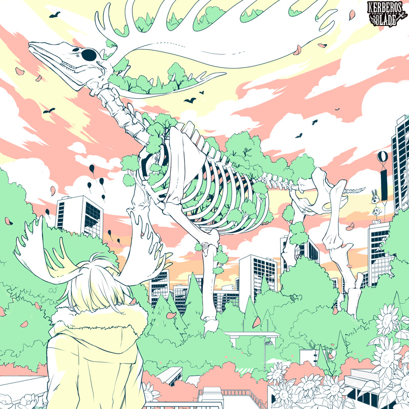animal_skeleton, antlers, bird, building, city, clouds, coat, copyright_name