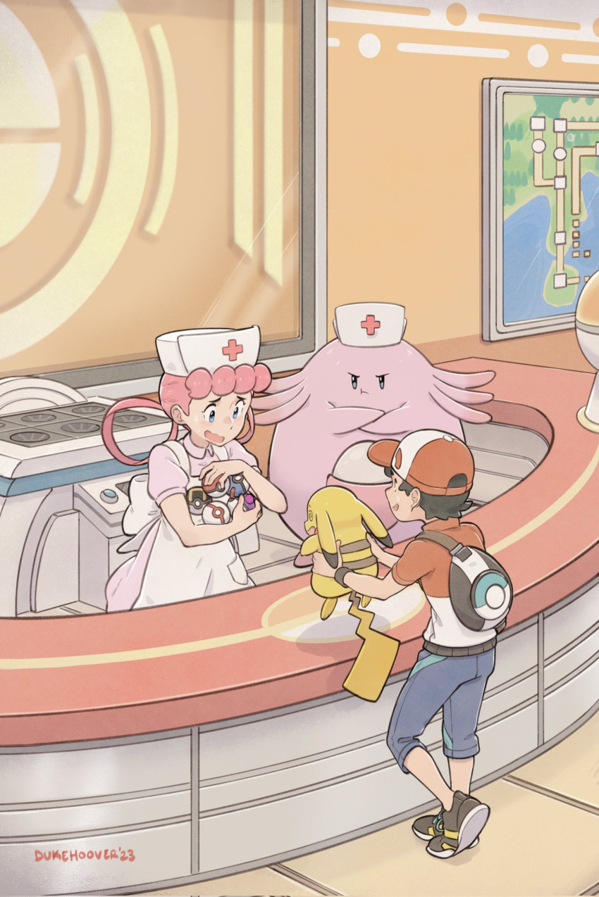 1boy, 1girl, backpack, bag, black_hair, capri_pants, chansey, chase_(pokemon)