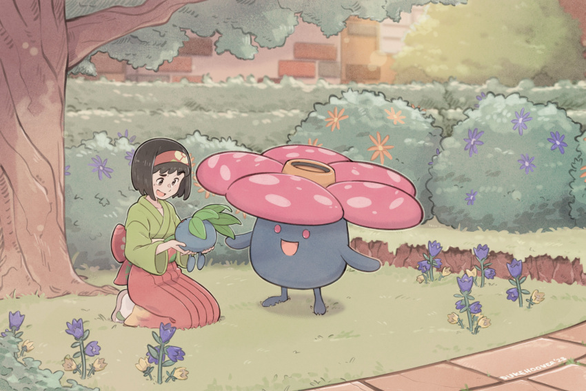 1girl, :d, absurdres, black_hair, brick_wall, bush, dukehooverart, erika_(pokemon), floral_print, flower, grass, green_kimono, hairband, hakama, hakama_skirt, highres, holding, holding_pokemon, japanese_clothes, kimono, looking_down, oddish, open_mouth, pokemon, pokemon_(creature), pokemon_(game), pokemon_lgpe, purple_flower, red_hairband, red_hakama, sandals, short_hair, sitting, skirt, smile, socks, tree, vileplume, white_socks