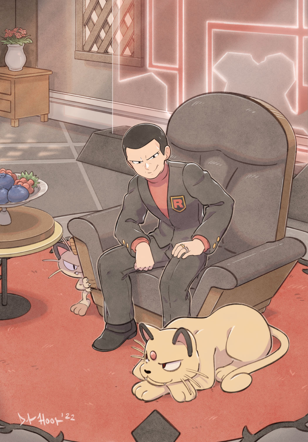 1boy, armchair, berry_(pokemon), black_hair, chair, closed_mouth, dukehooverart, evolutionary_line